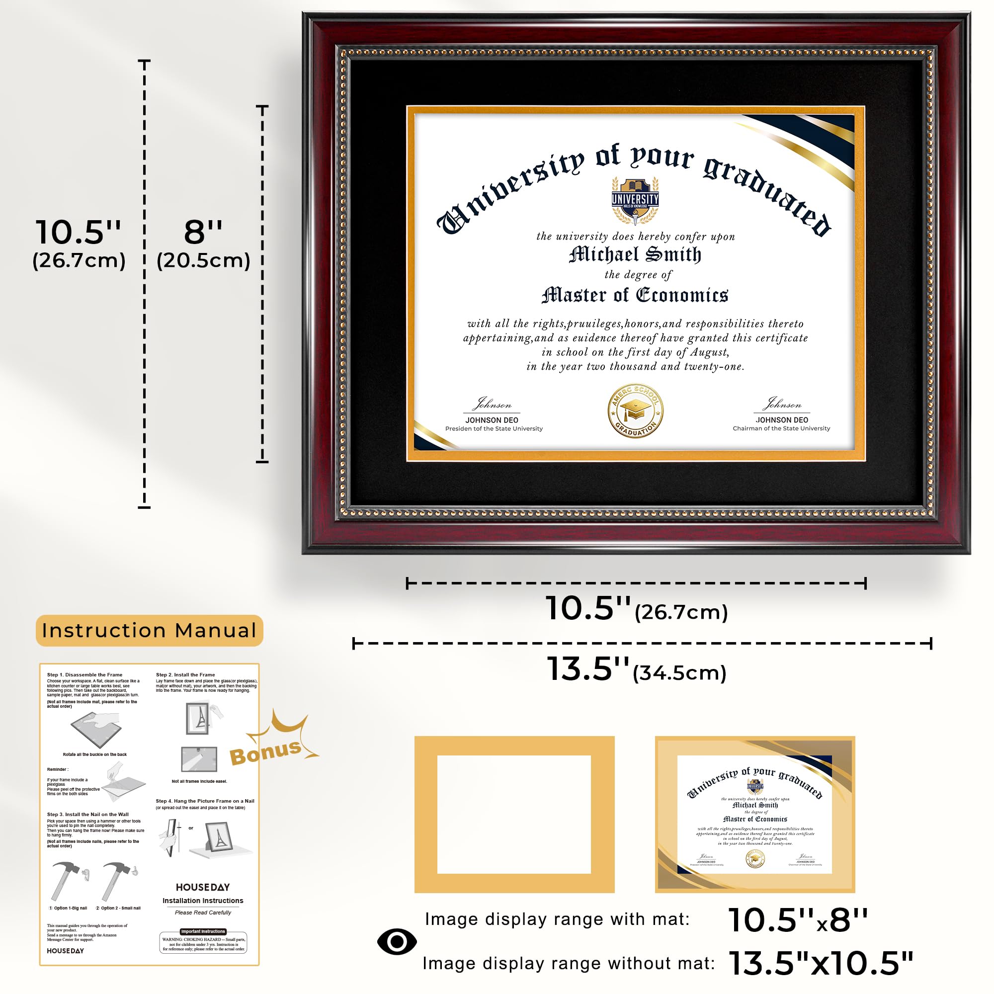 House Day mahogany frame with gold beads adds subtle elegance to diplomas
