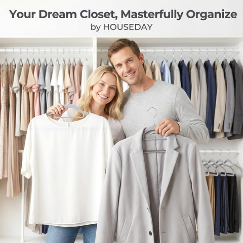 HOUSE DAY grey plastic hangers blend with any closet and protect fabrics.