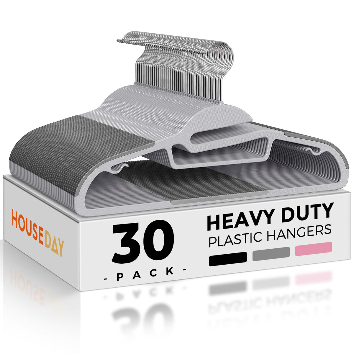 HOUSE DAY grey hangers 30-pack, ready for closet organization and space efficiency.