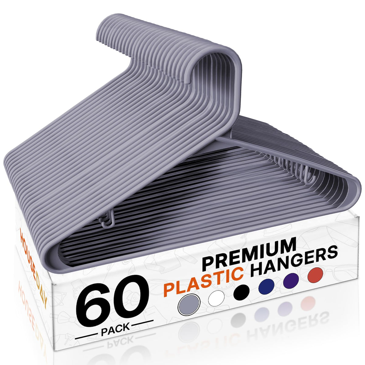 HOUSE DAY grey plastic hanger 60-pack for organized closet storage and space-saving efficiency.