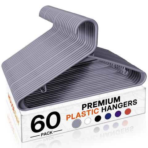 HOUSE DAY grey plastic hanger 60-pack for organized closet storage and space-saving efficiency.