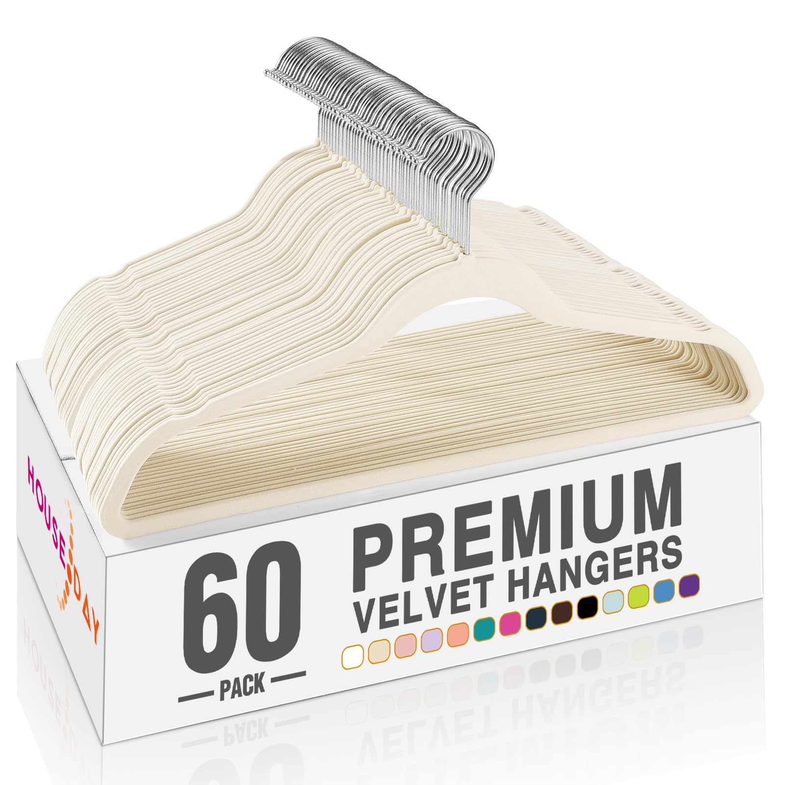 House Day Ivory Velvet Hangers 60-pack shown in a closet for space-saving organization