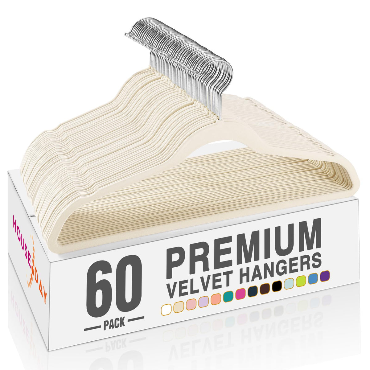 House Day Ivory Velvet Hangers 60-pack shown in a closet for space-saving organization