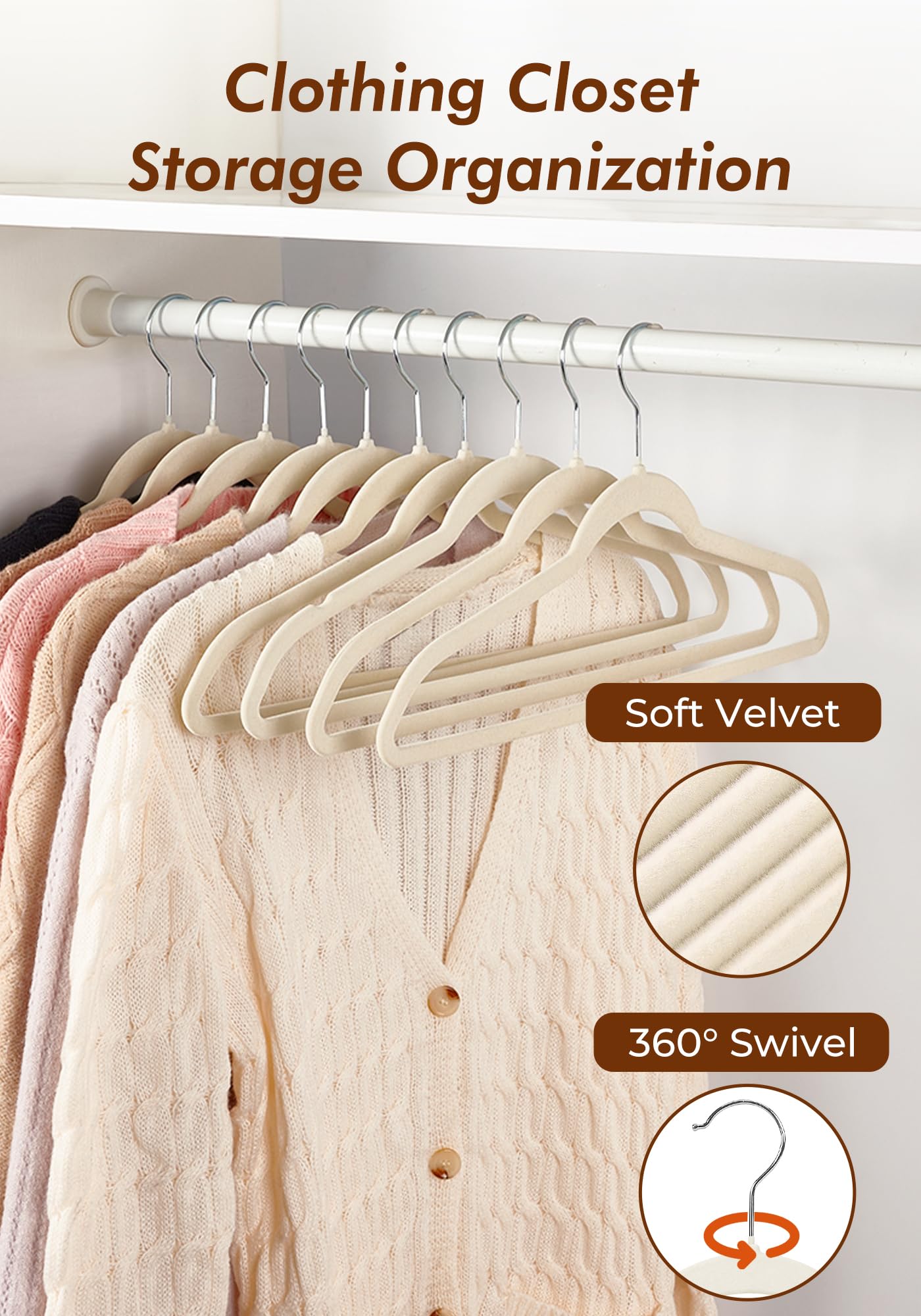 House Day Ivory Velvet Hangers 360-degree swivel rust-proof hooks.