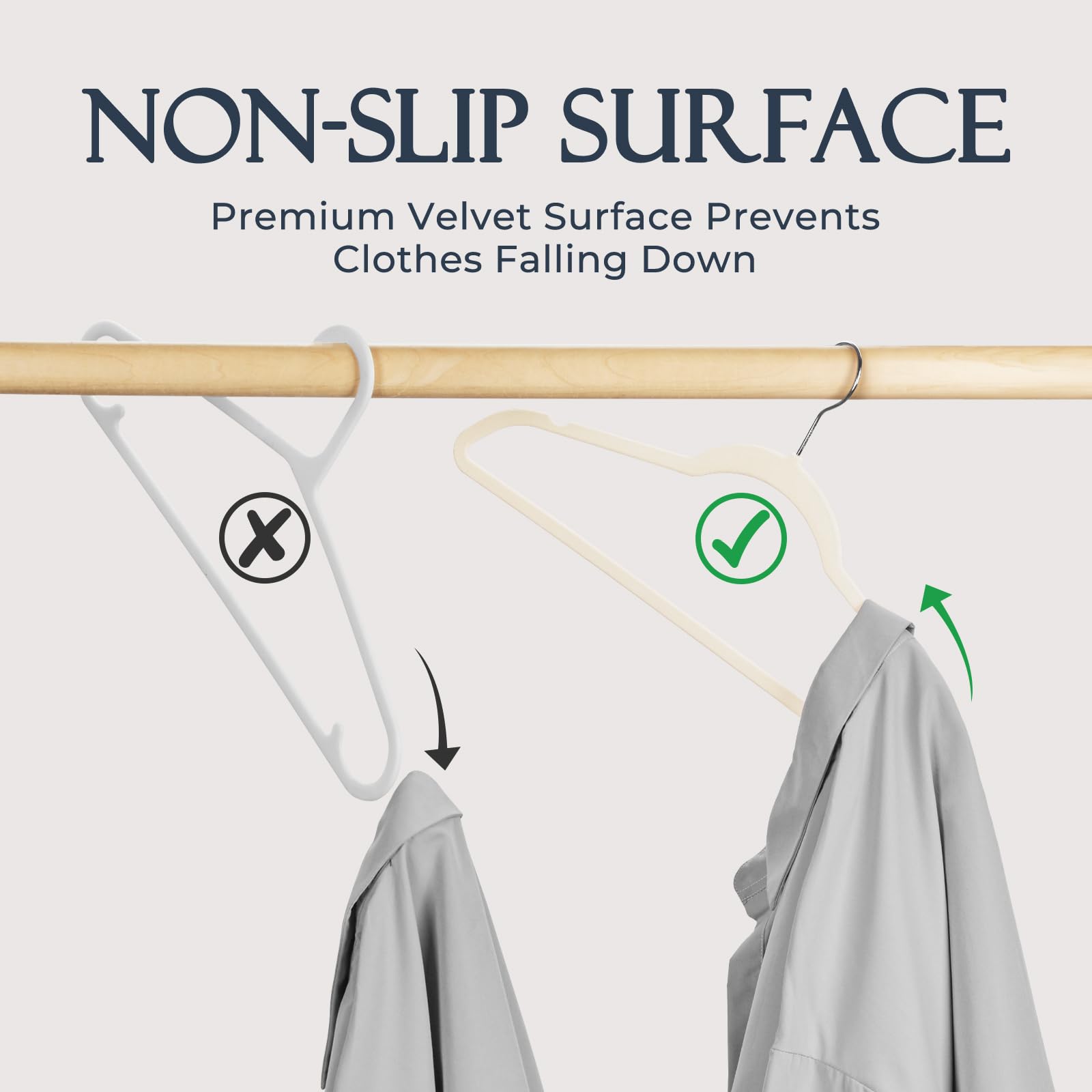 HOUSE DAY Ivory Velvet Hangers slim profile saves closet space.