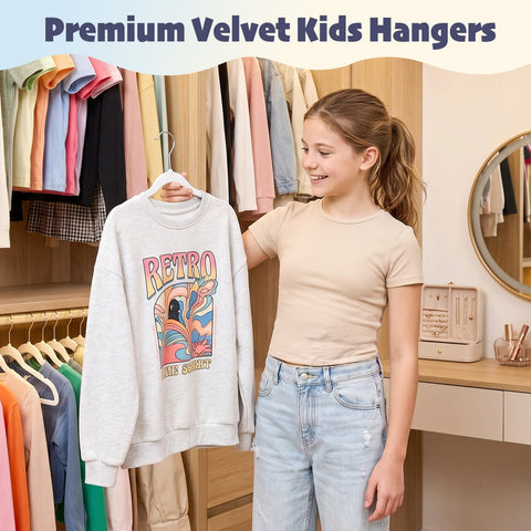 HOUSE DAY kids velvet hangers side view highlights space-saving closet use
