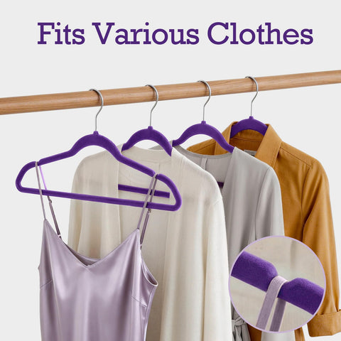House Day Noble-Purple velvet hangers neatly organized in a closet
