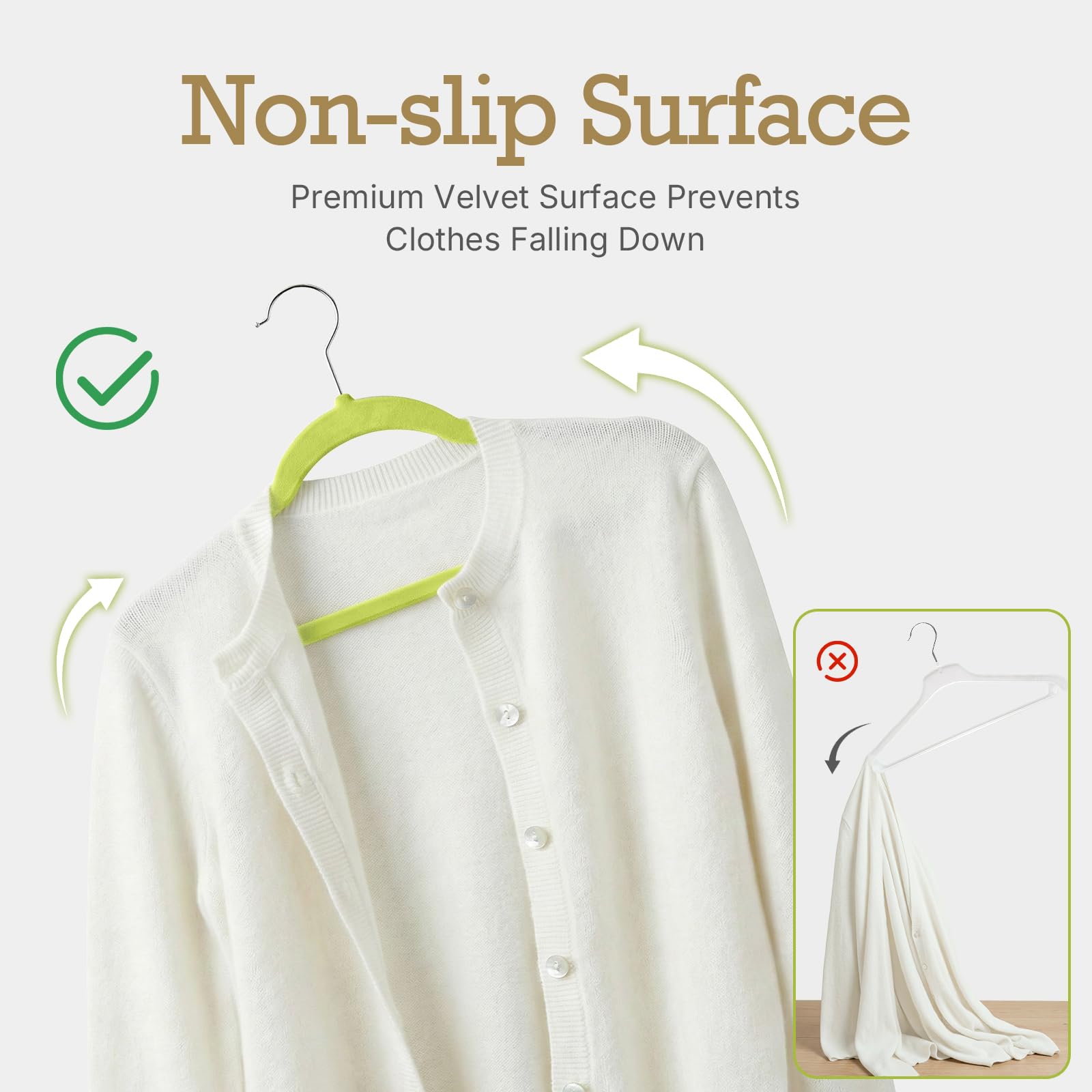 HOUSE DAY Non-slip shoulder velvet hangers securely hold garments and preserve shape.