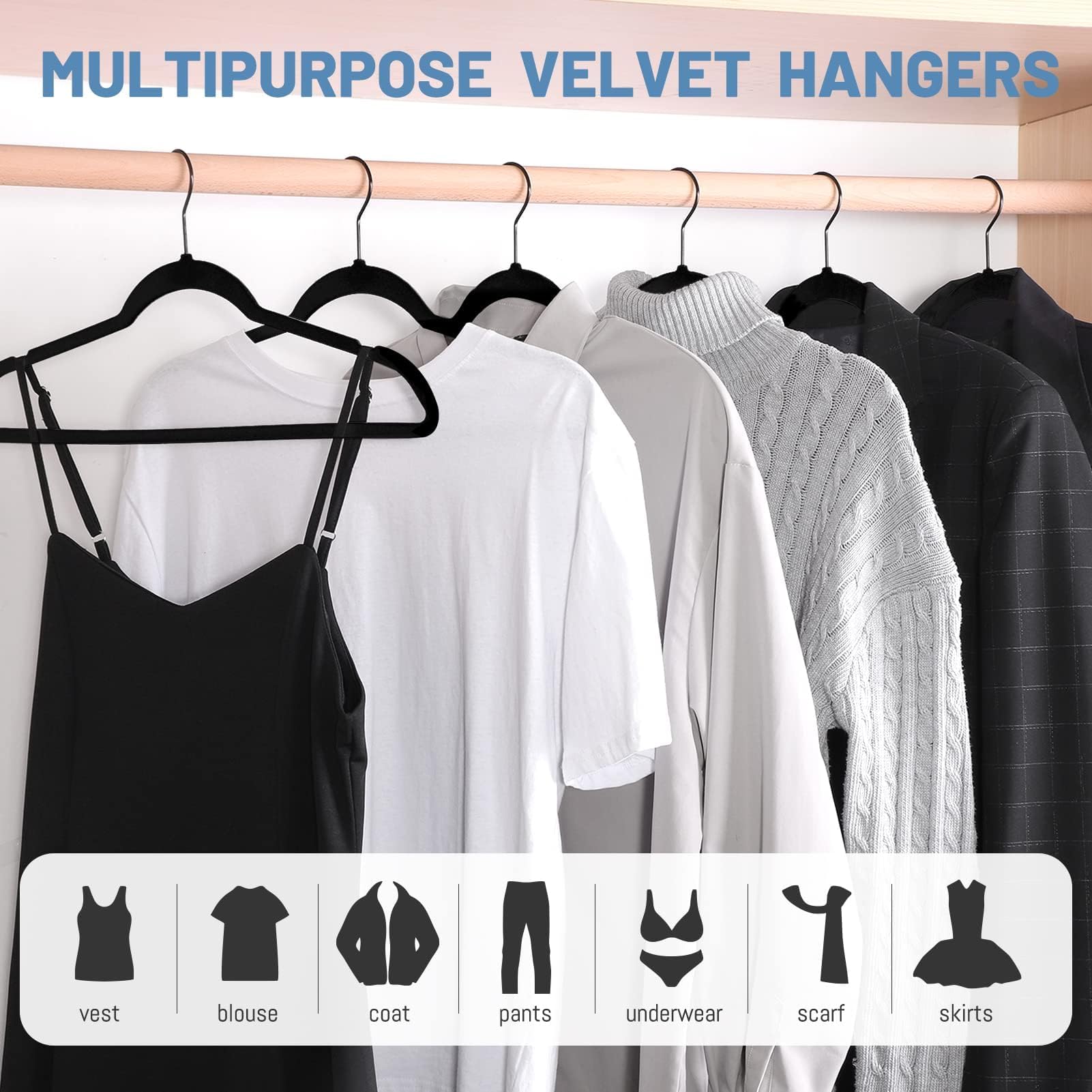 House Day notched shoulder hangers secure vests and accessories.