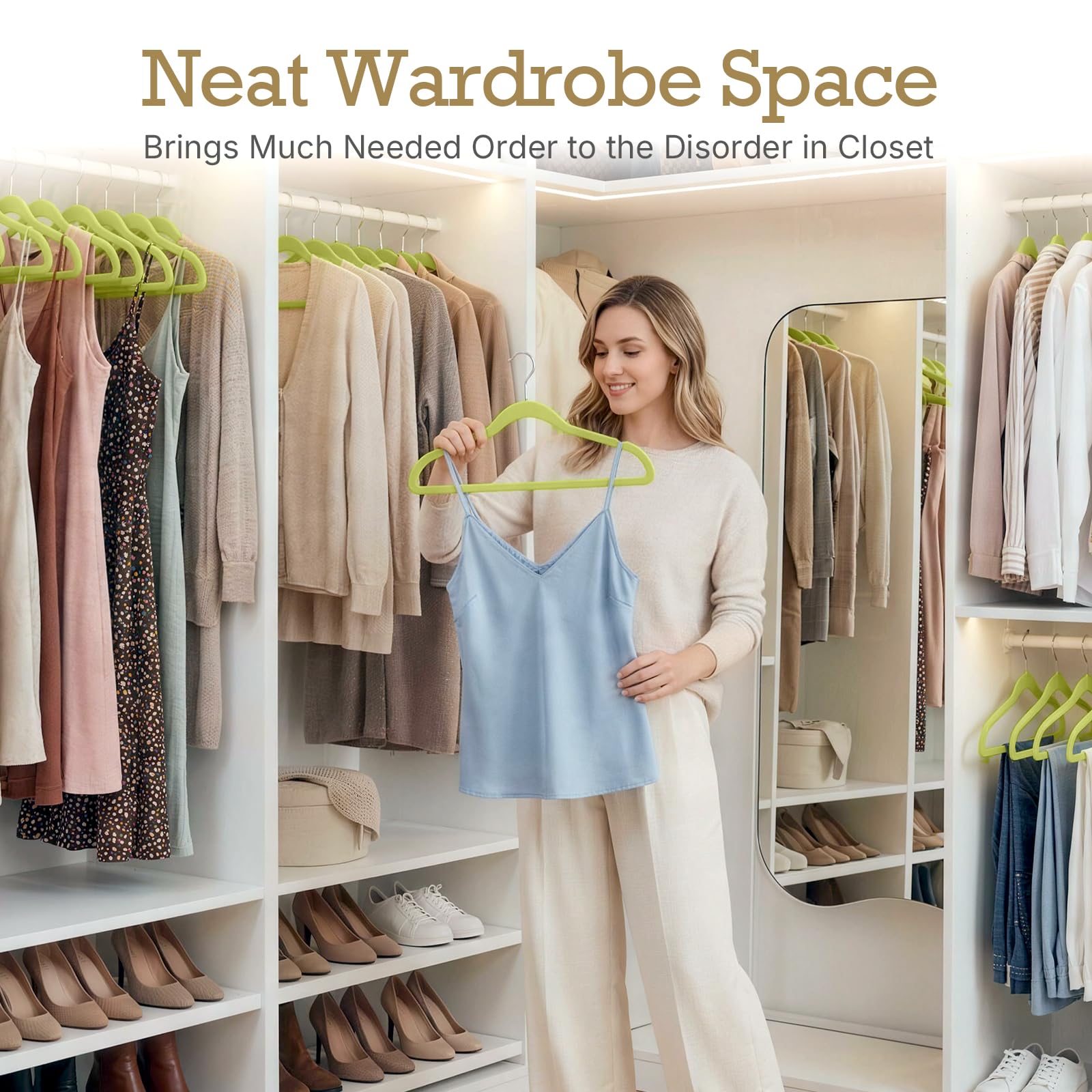 HOUSE DAY 60-pack velvet hangers enhance space-saving wardrobe setup.