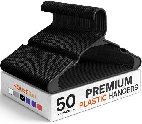 House Day plastic hangers 50-pack in black keep garments organized and wrinkle-free.
