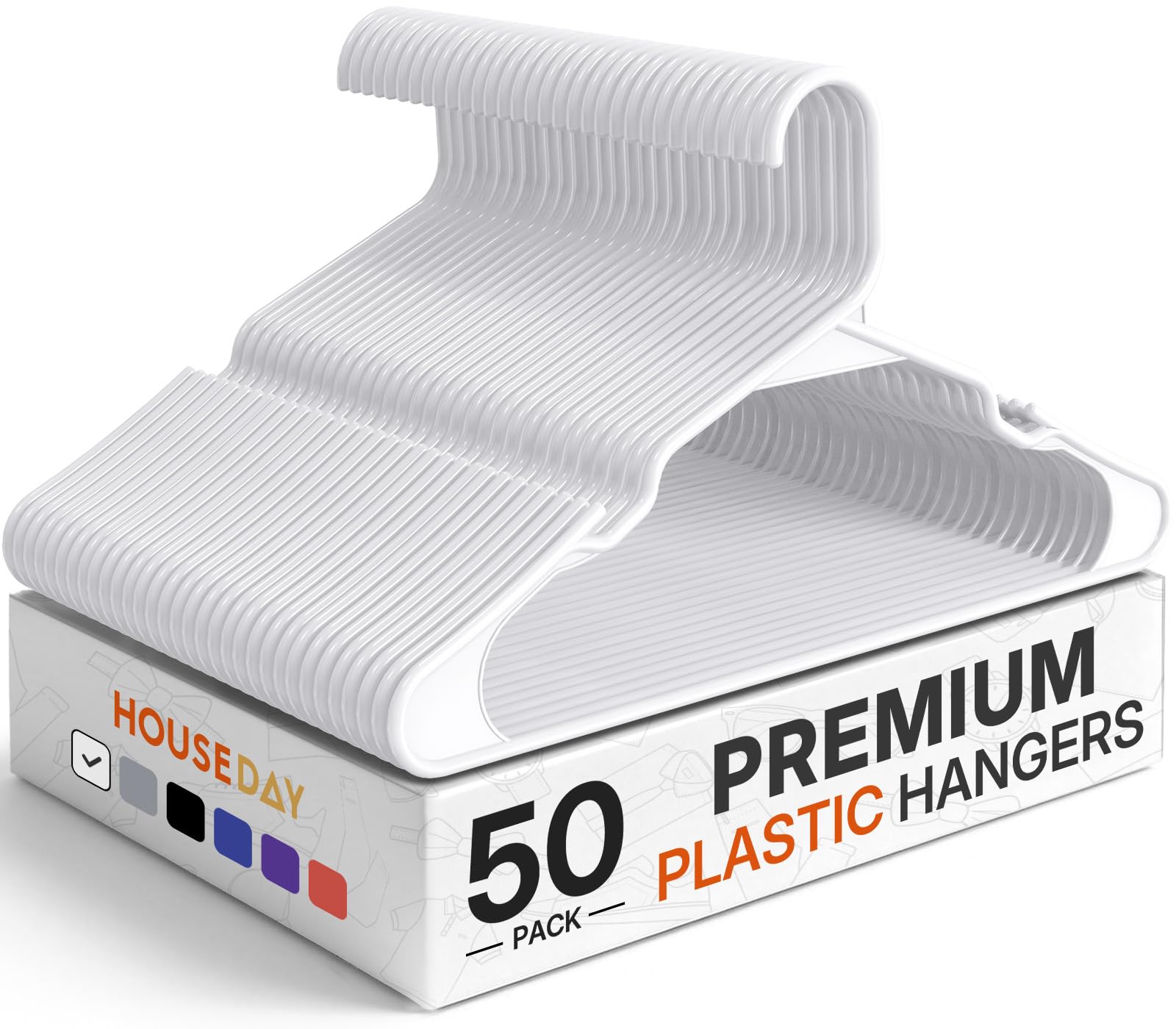 HOUSE DAY plastic hangers in white keep clothes organized and accessible.