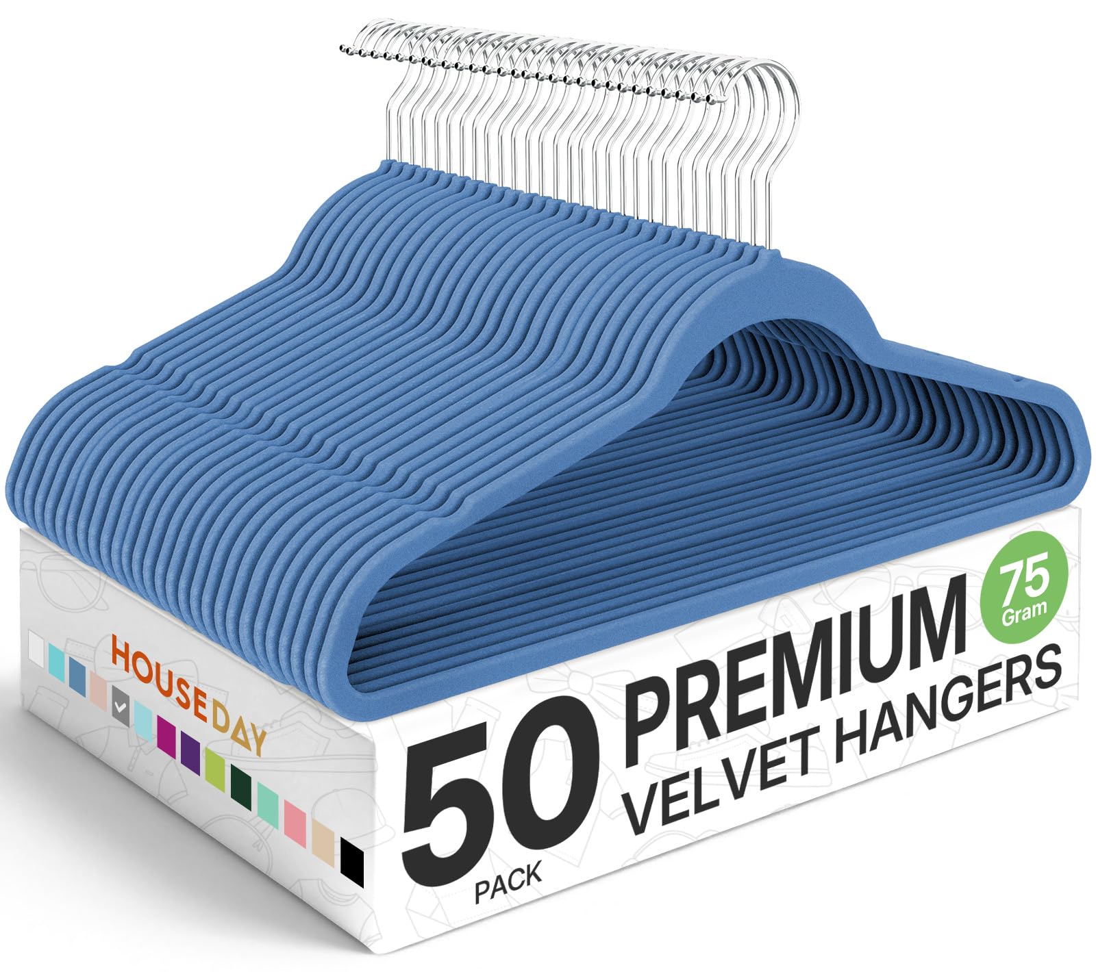 HOUSE DAY premium velvet hanger in blue, sturdy for heavy coats.