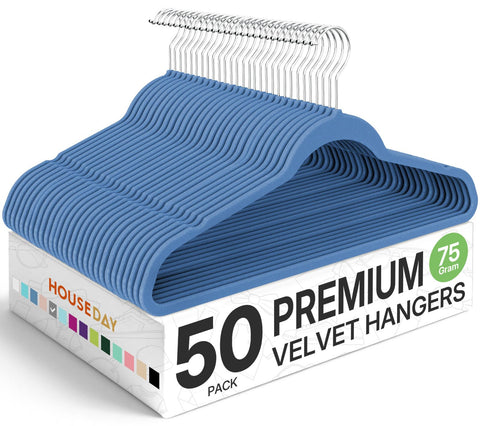 HOUSE DAY premium velvet hanger in blue, sturdy for heavy coats.