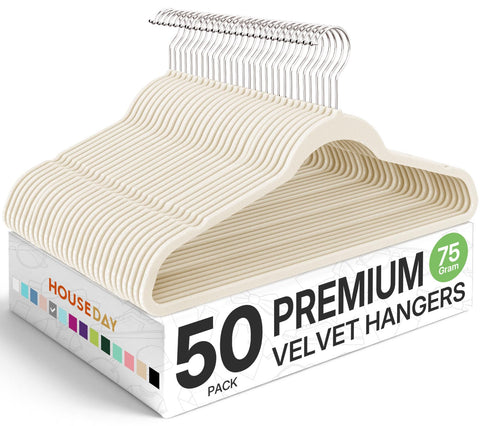 HOUSE DAY Premium Velvet Hangers 50-pack in ivory keep garments neatly hung.