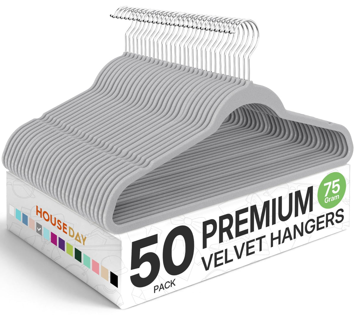 House Day premium velvet hangers 50 pack in grey for organized closets and gentle garment support.