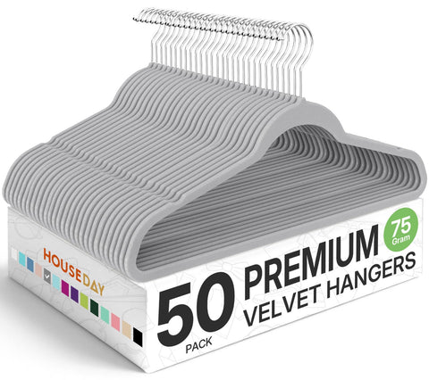 House Day premium velvet hangers 50 pack in grey for organized closets and gentle garment support.