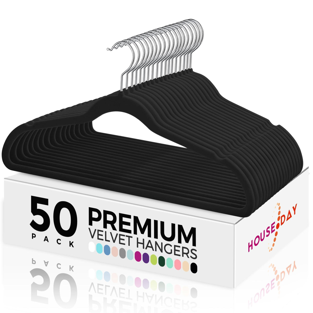HOUSE DAY premium velvet hangers in black with close-up non-slip surface.