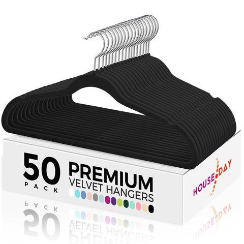 HOUSE DAY premium velvet hangers in black with close-up non-slip surface.