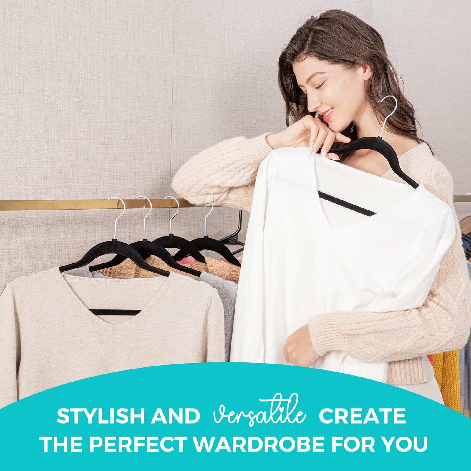 Compact, space-saving design of HOUSE DAY velvet hangers optimizes closet layout.