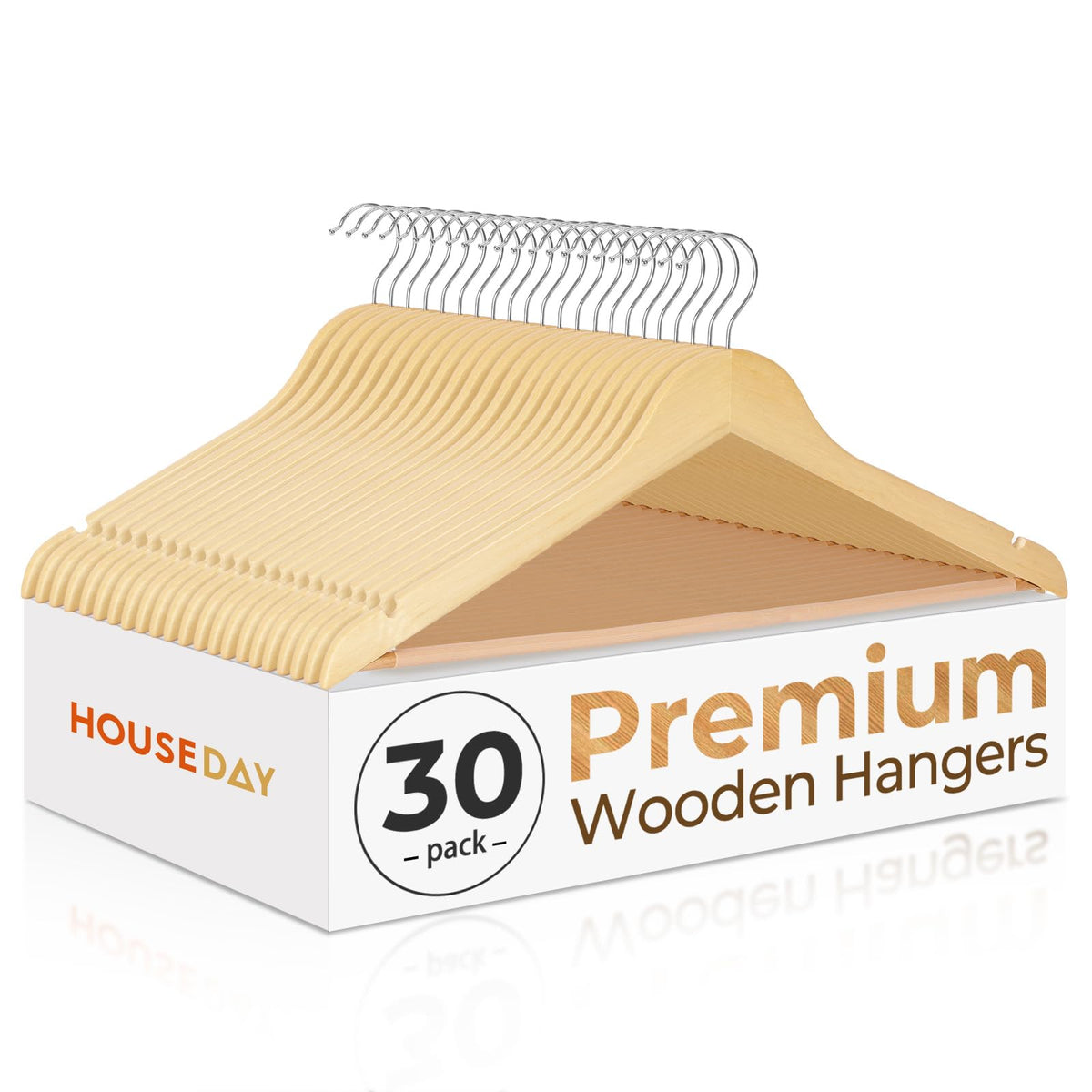 House Day premium wooden hangers with 360° hook for easy garment access and tangle-free browsing.