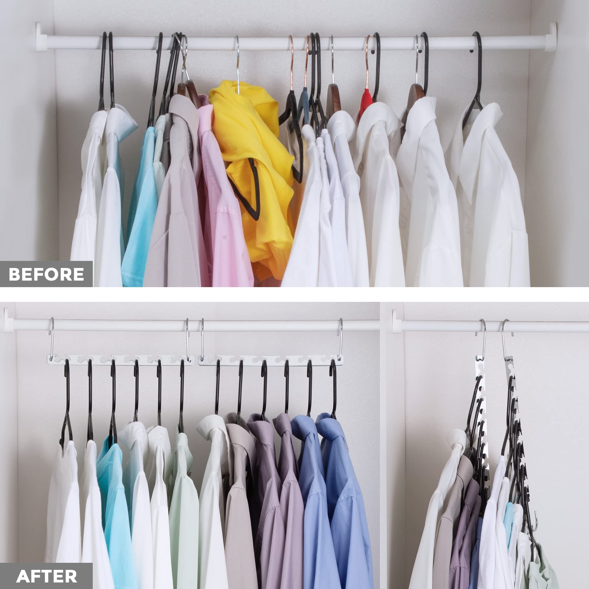 House Day six-slot cascading hanger demonstrates anti-slip design for organization.