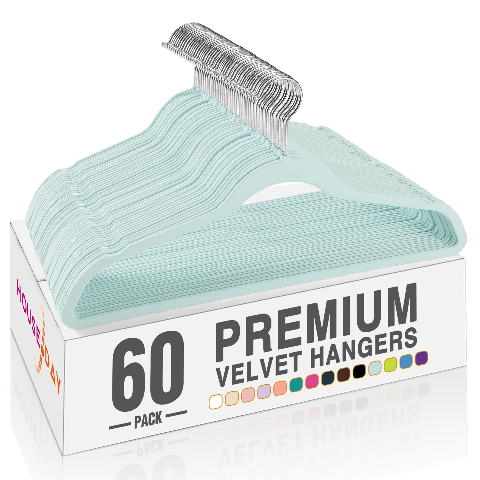 HOUSE DAY sky blue velvet hangers 60-pack for compact closet organization and bulk storage
