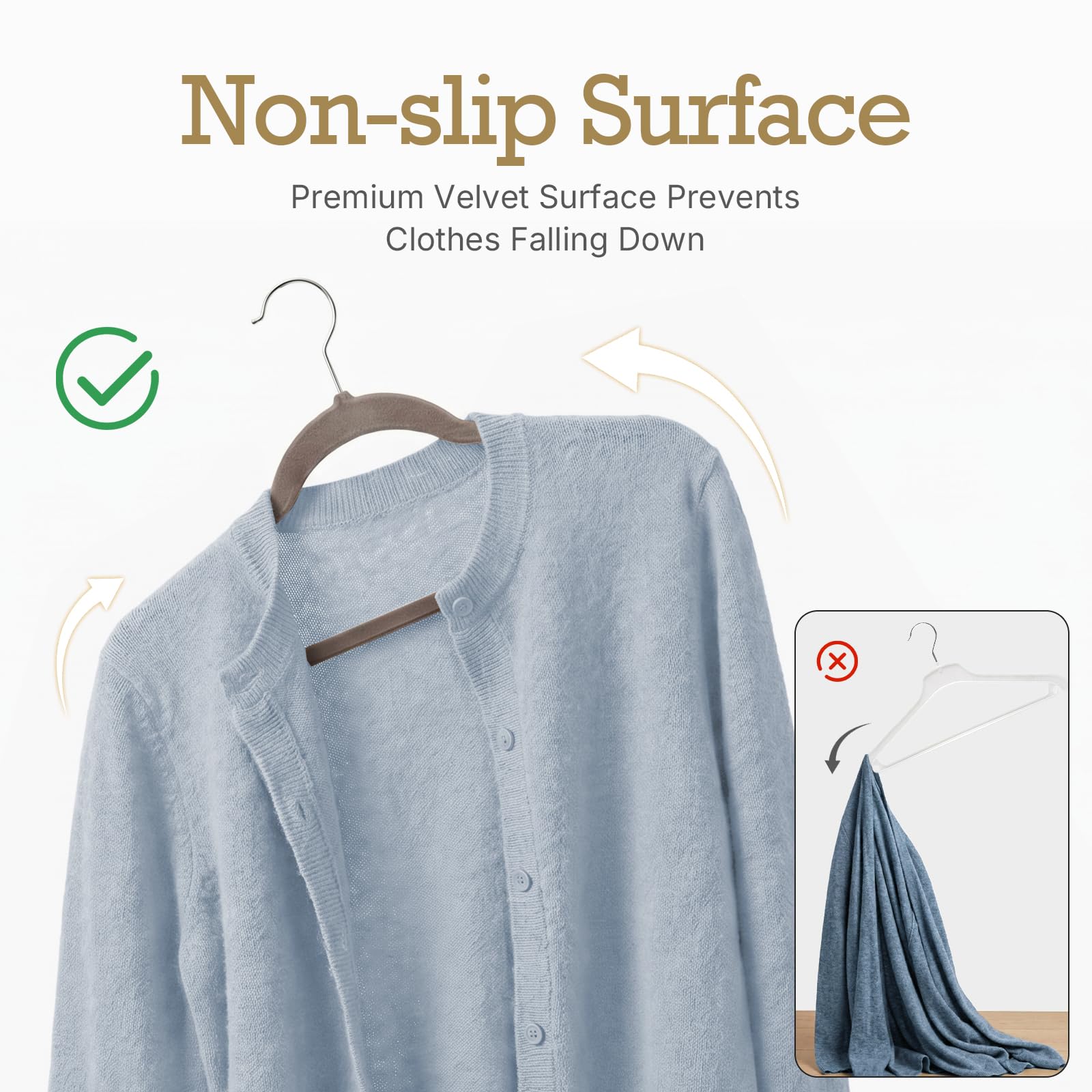 HOUSE DAY taupe velvet hangers 60 pack close-up showing plush velvet texture and anti-shedding finish.