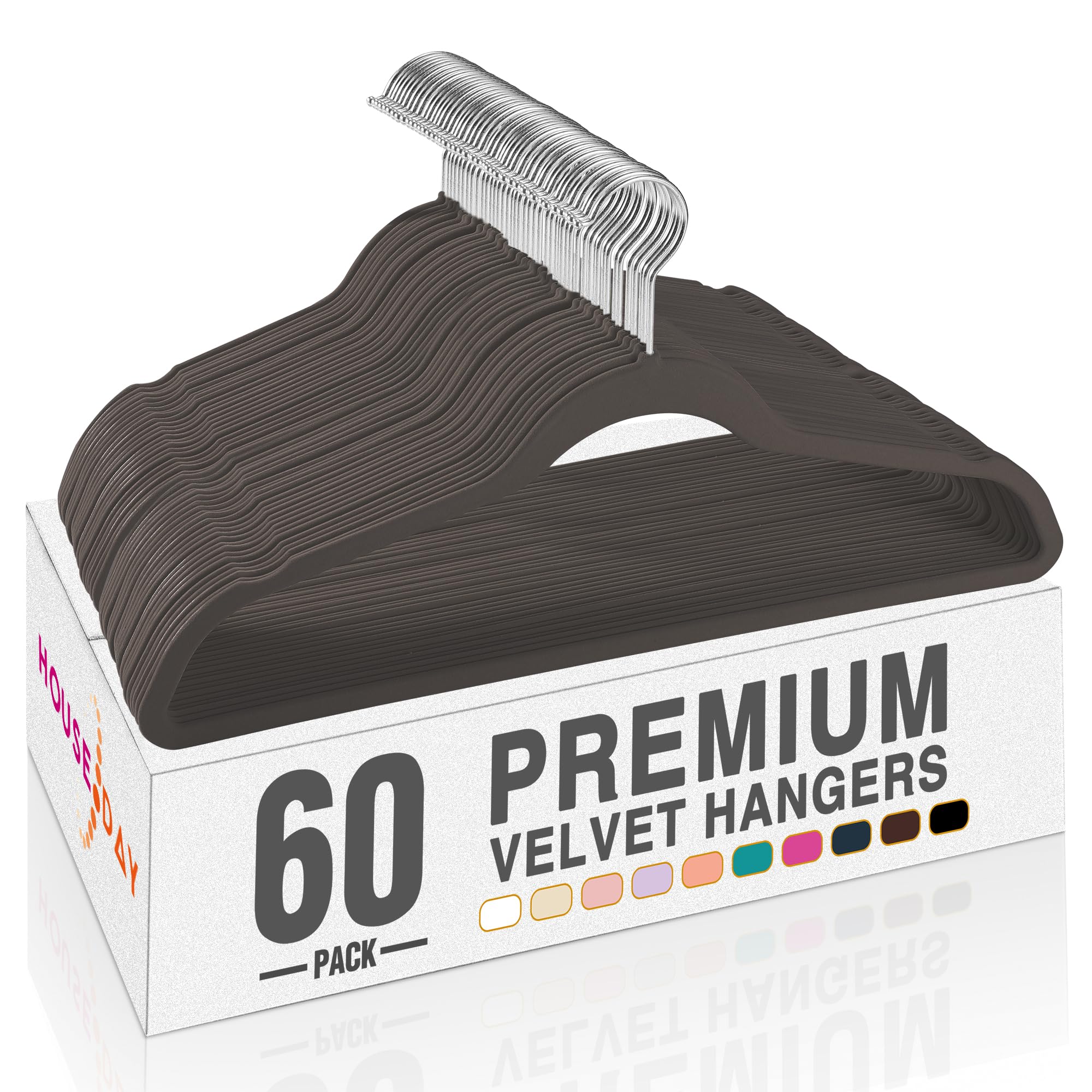 HOUSE DAY taupe velvet hangers 60 pack in a closet highlighting space-saving compact design.