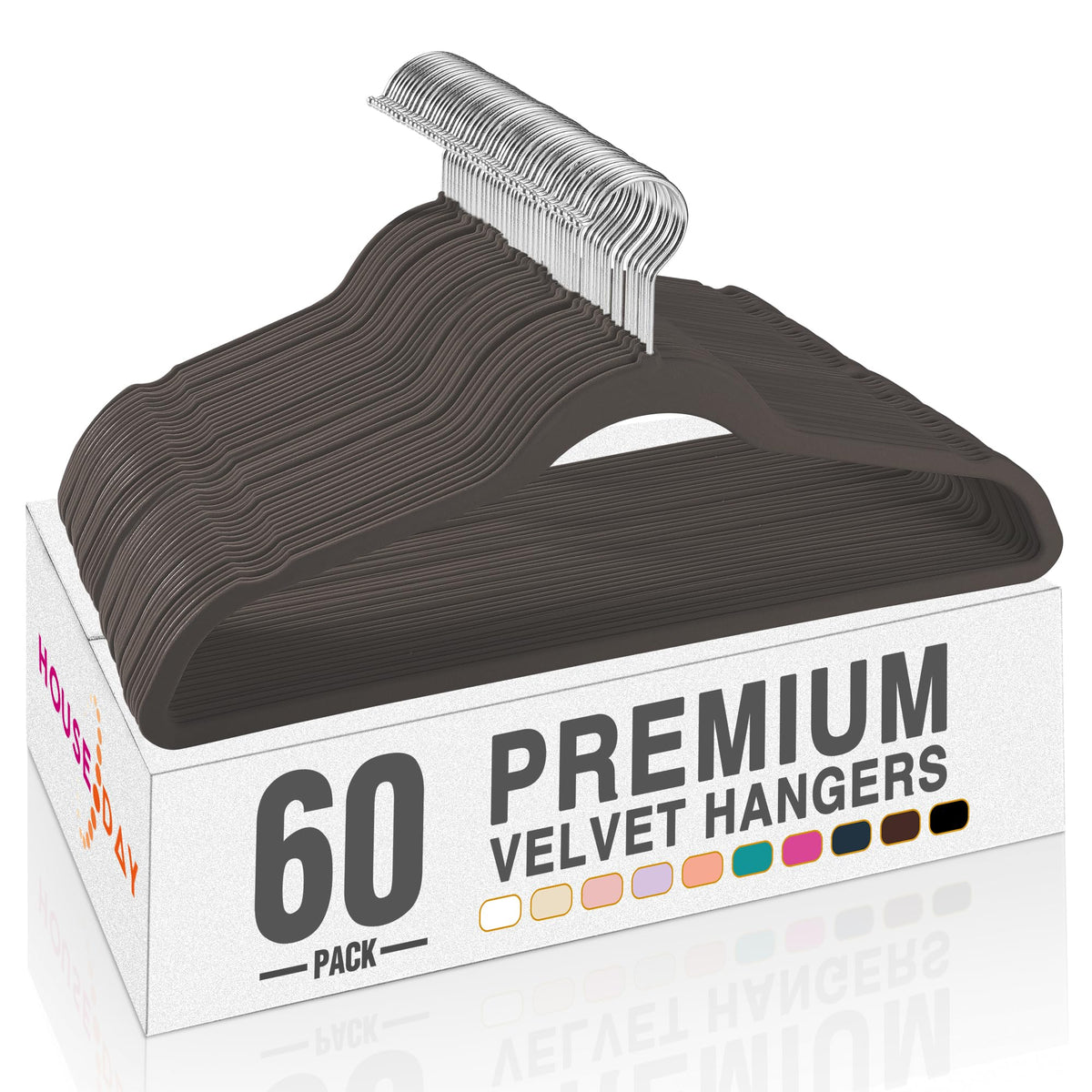 HOUSE DAY taupe velvet hangers 60 pack in a closet highlighting space-saving compact design.