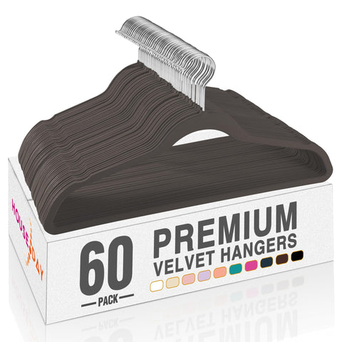 HOUSE DAY taupe velvet hangers 60 pack in a closet highlighting space-saving compact design.