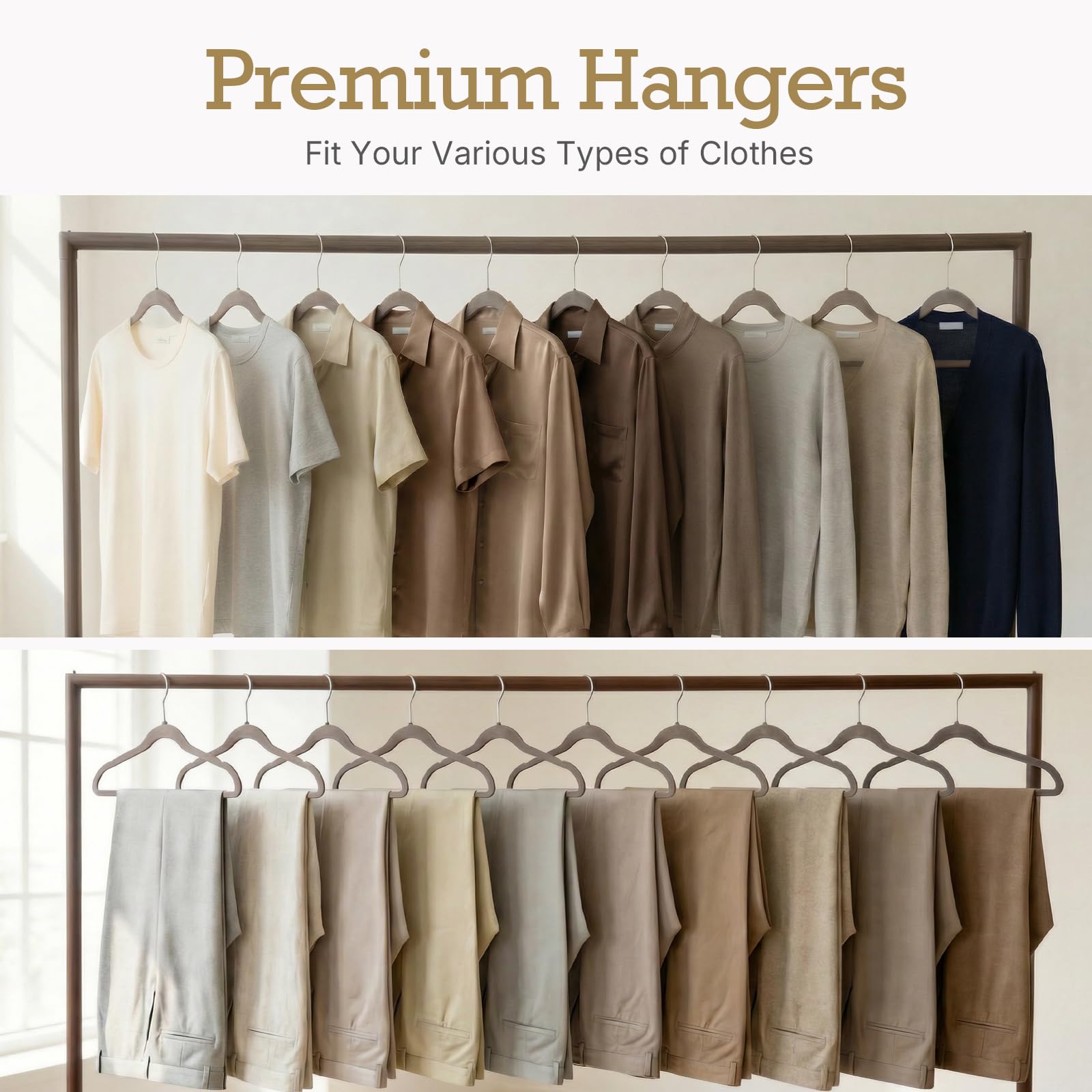 HOUSE DAY taupe velvet hangers 60 pack ultra-thin profile fits narrow closets.