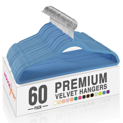 HOUSE DAY Tranquil Blue Velvet Hangers, 60-pack, keep clothes wrinkle-free and organized.