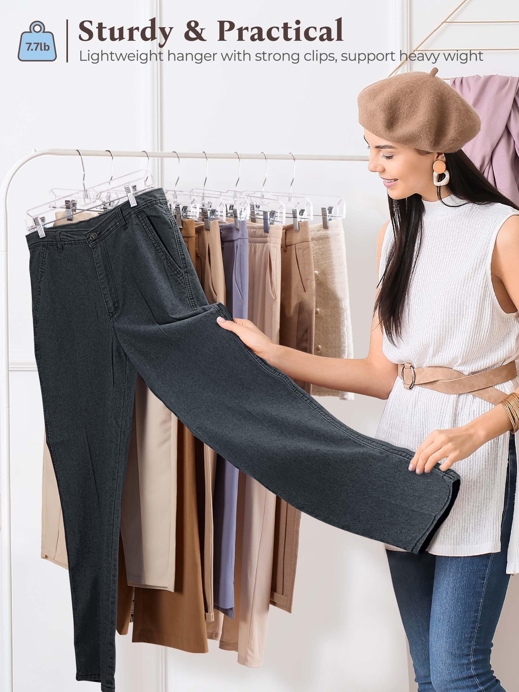 HOUSE DAY transparent pants hanger hanging in a closet scenario.