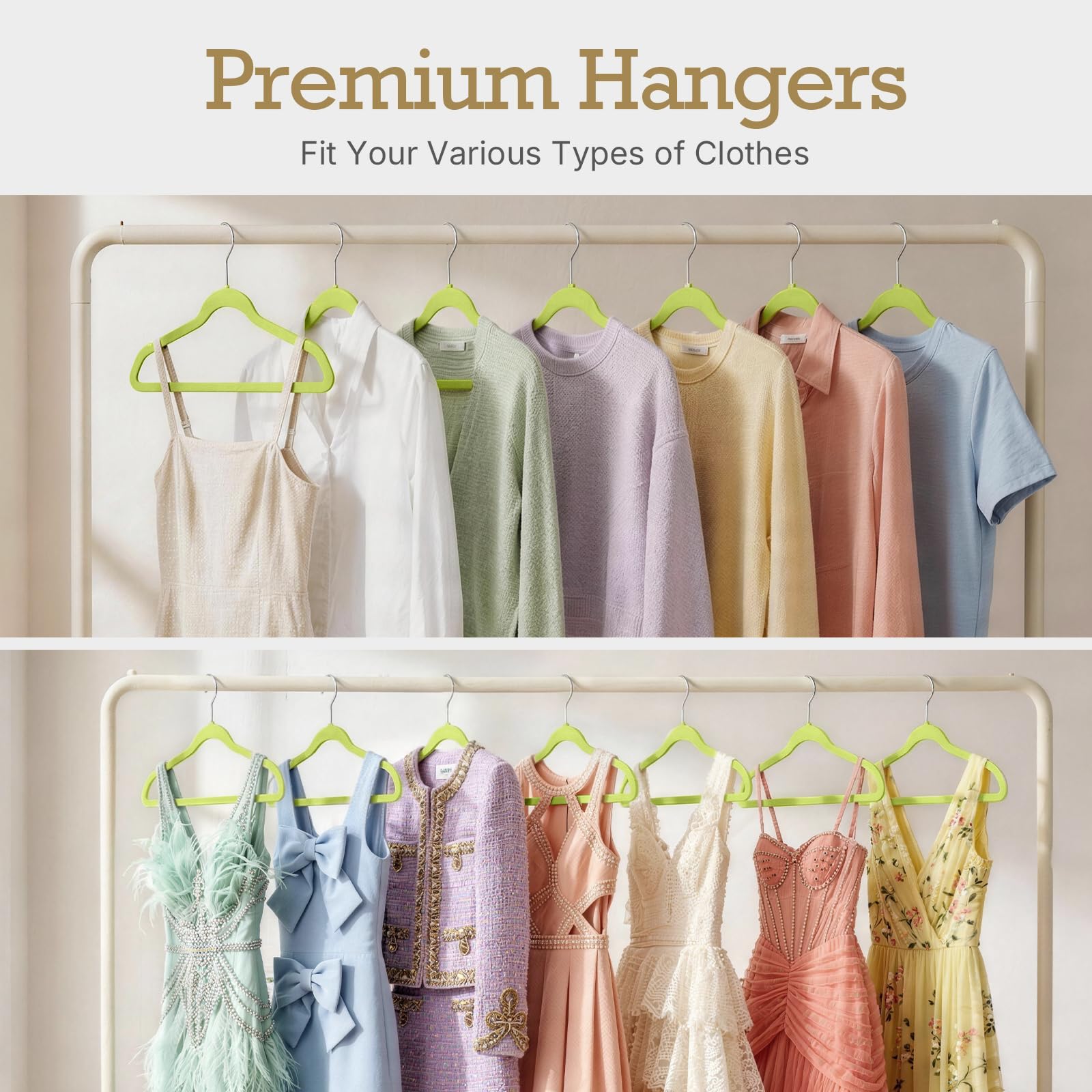 HOUSE DAY Velvet hangers help organize wardrobes for easier sorting.