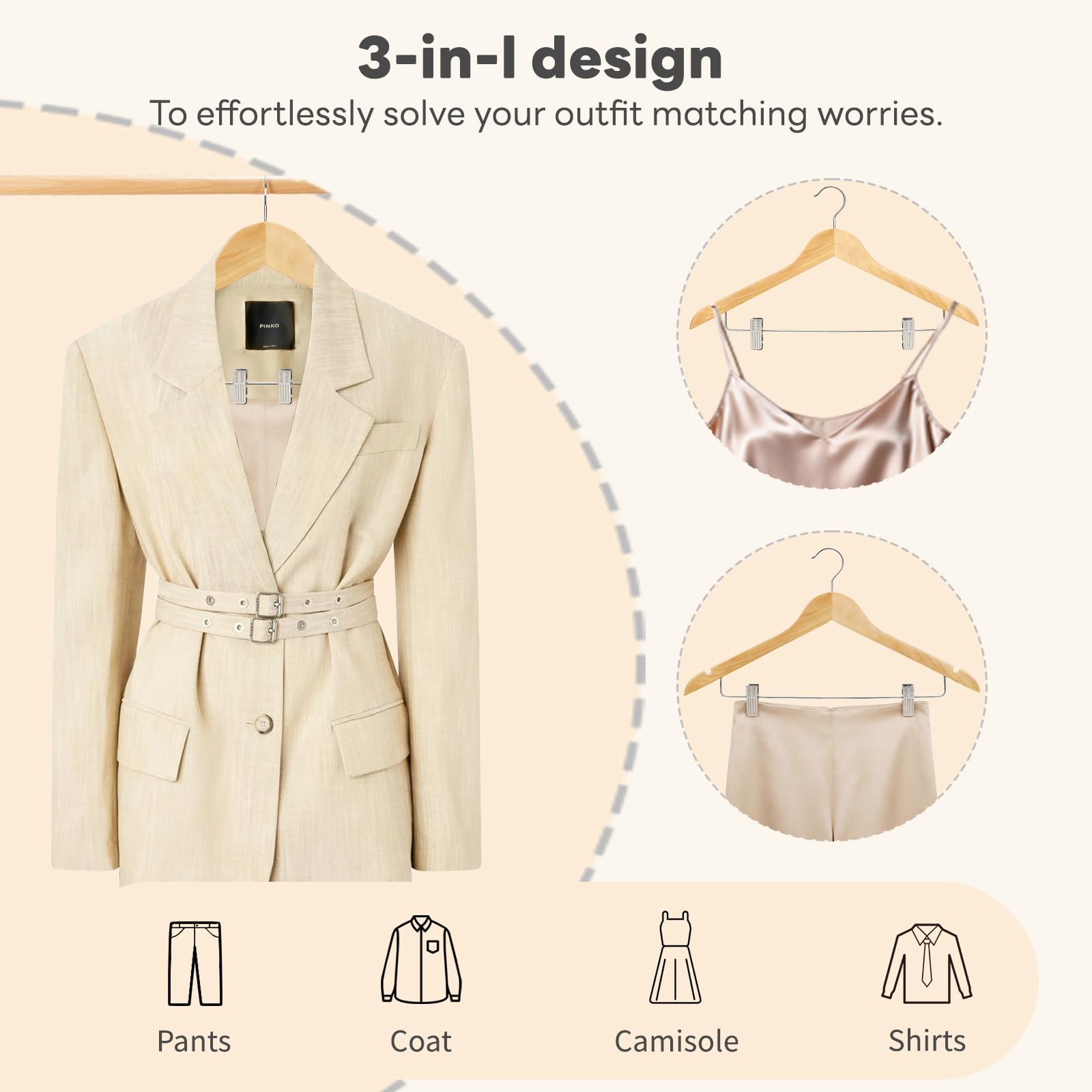House Day wooden hangers contoured shoulders preserve garment shape for better drape.
