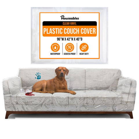 Houseables plastic couch cover in clear vinyl protects sofas