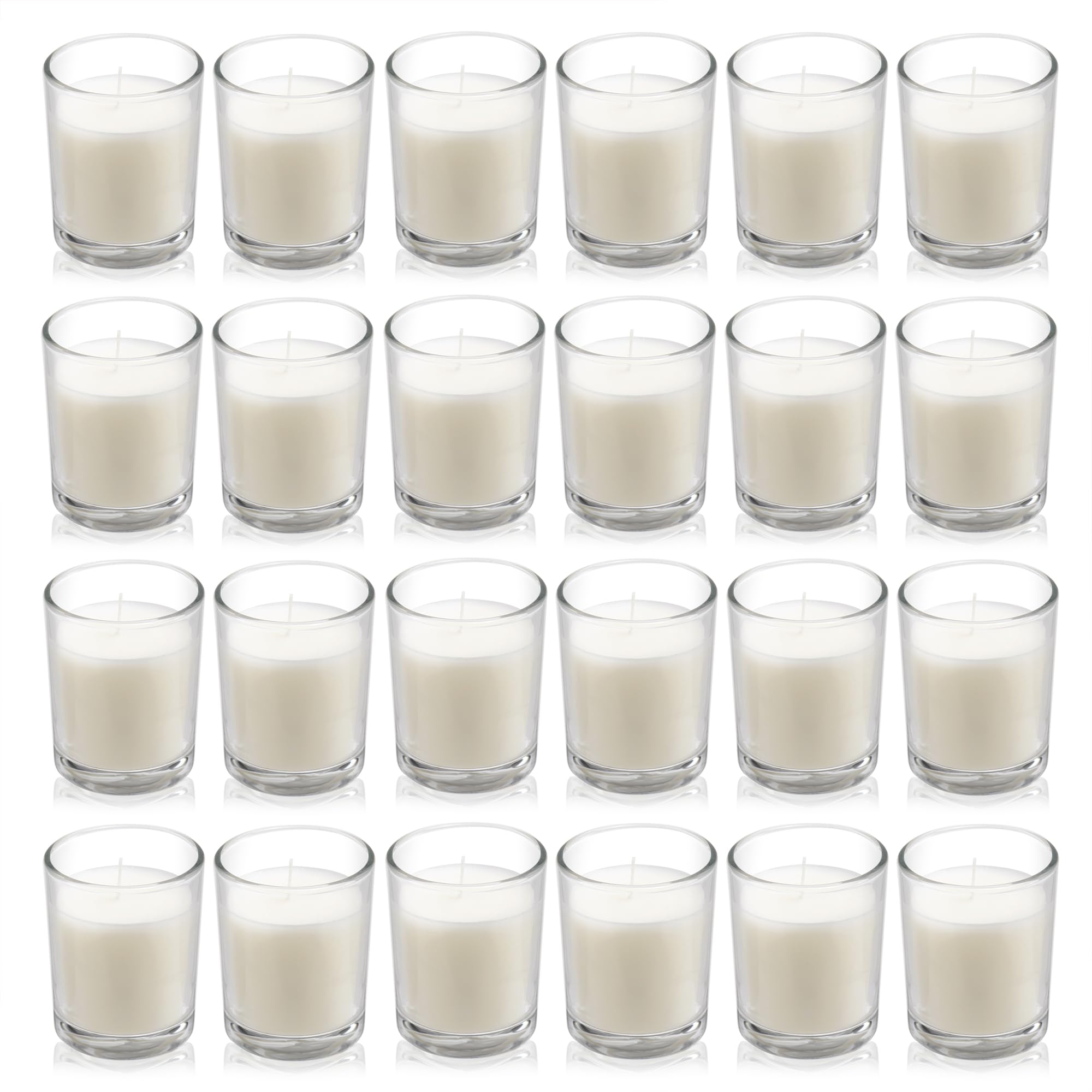Housecret warm white unscented glass votive candles illuminate tables with soft glow