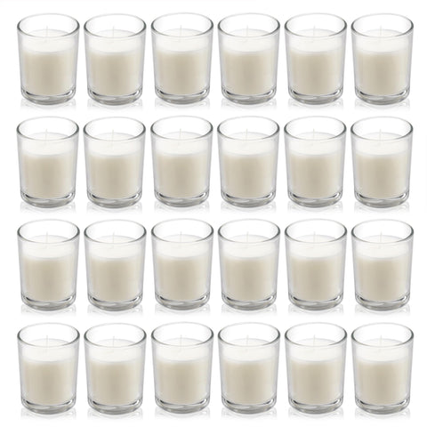 Housecret warm white unscented glass votive candles illuminate tables with soft glow