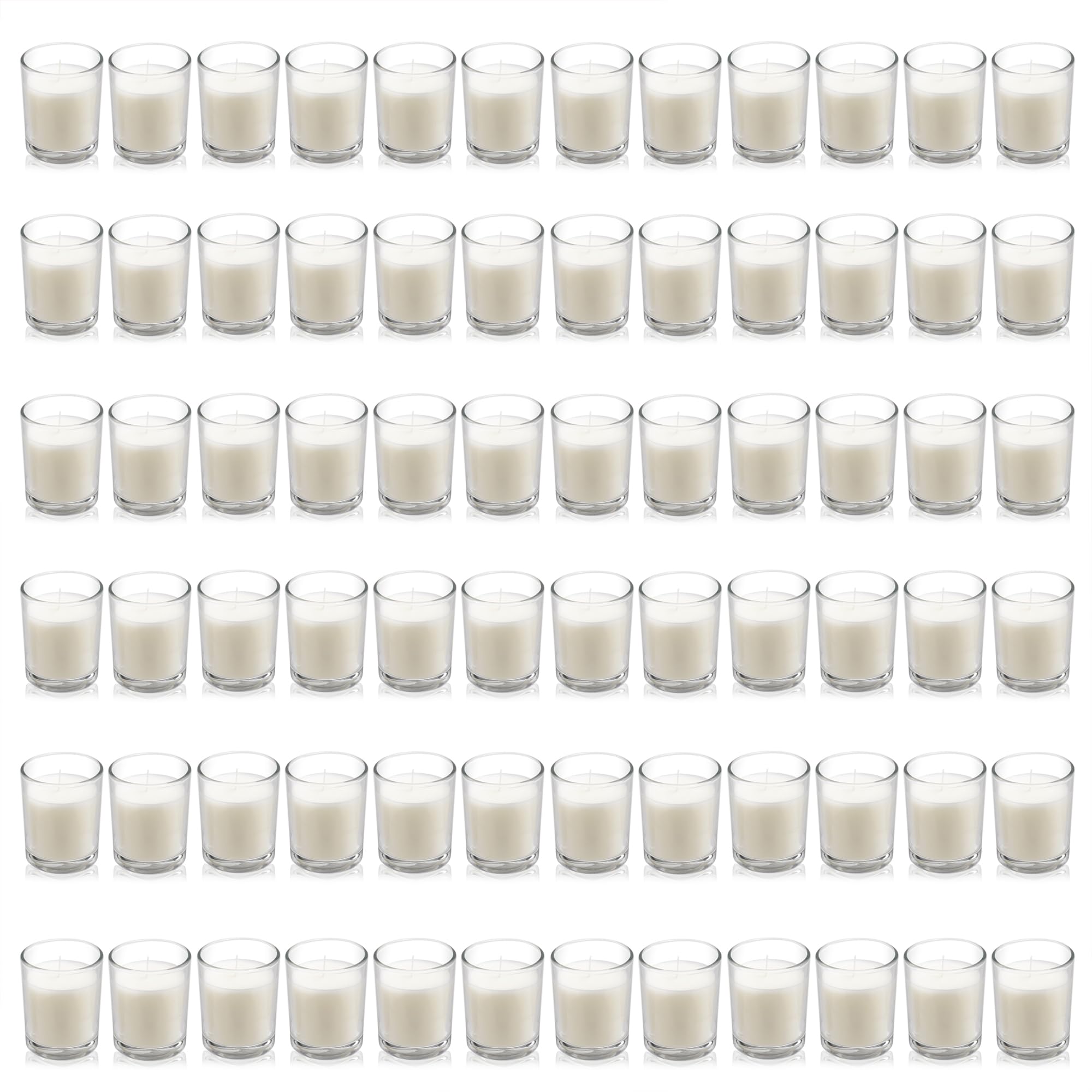 Housecret 72-pack warm white unscented votive candles in clear glass for elegant table décor.