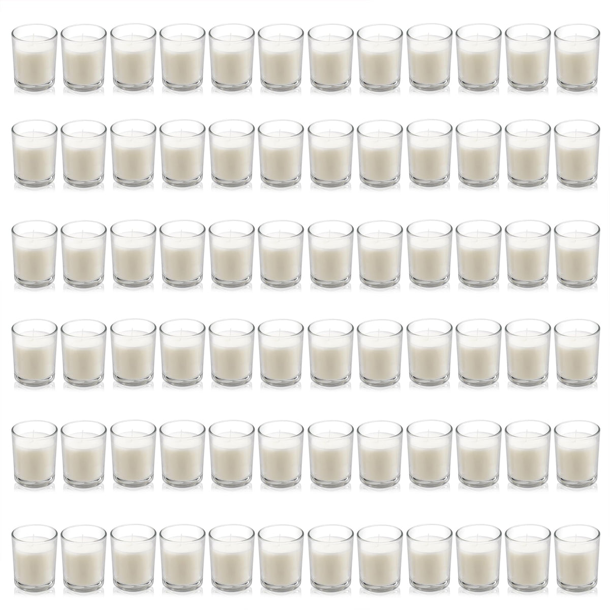 Housecret 72-pack warm white unscented votive candles in clear glass for elegant table décor.