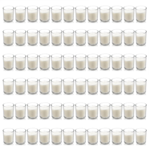 Housecret 72-pack warm white unscented votive candles in clear glass for elegant table décor.