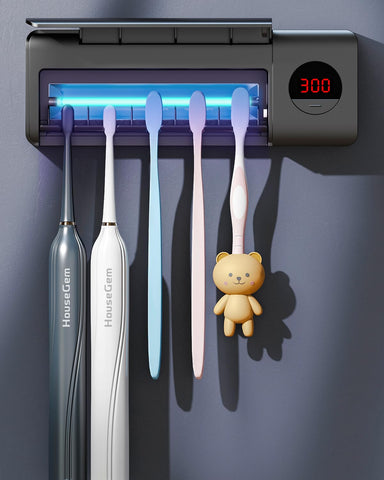 HouseGem toothbrush holder front view showcasing wall-mounted design and five-slot capacity.