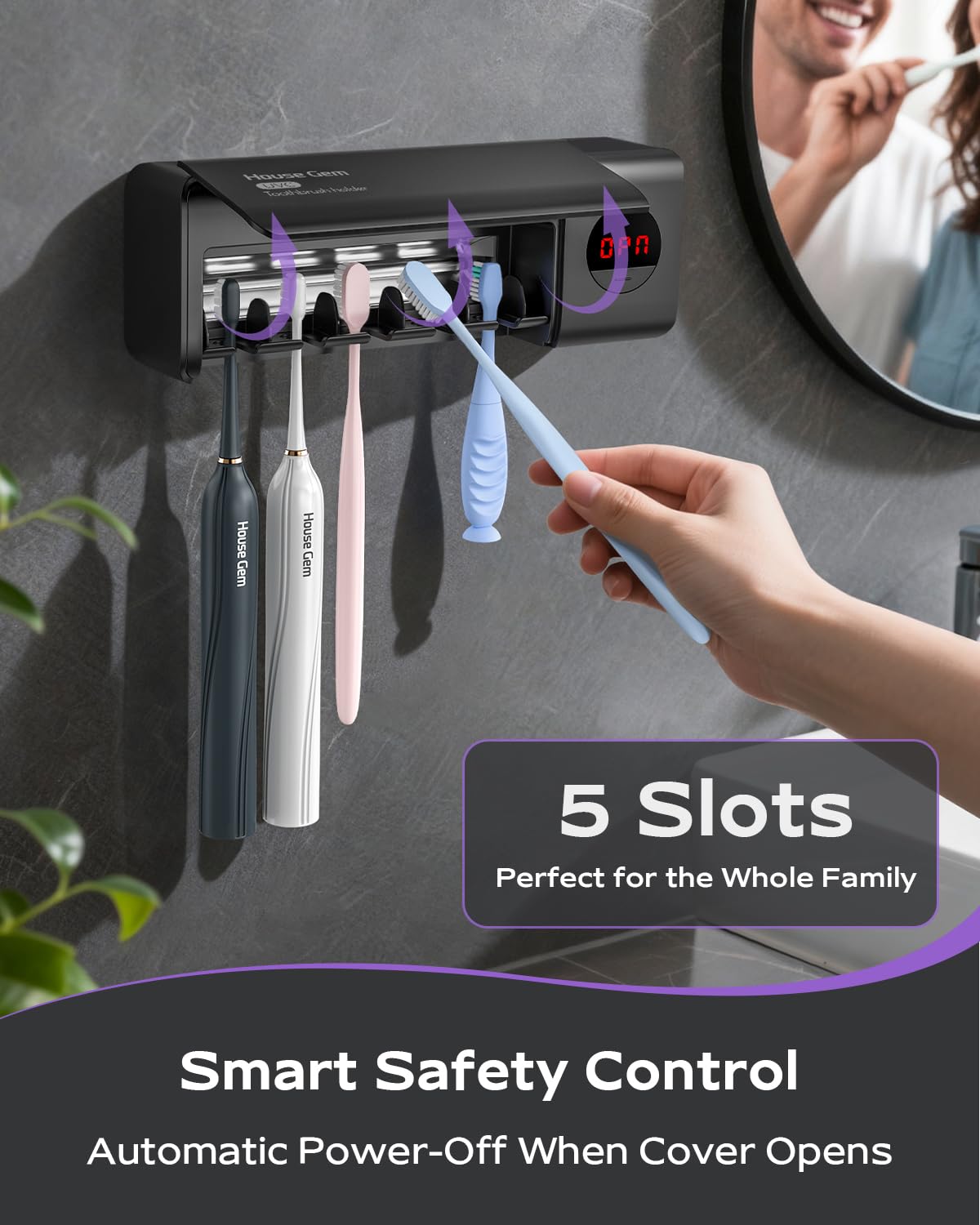 HouseGem toothbrush holder spacious storage keeps up to five brushes organized.