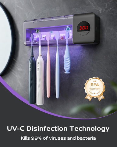 HouseGem toothbrush holder timer display highlights 5-minute sessions for consistent brushing.