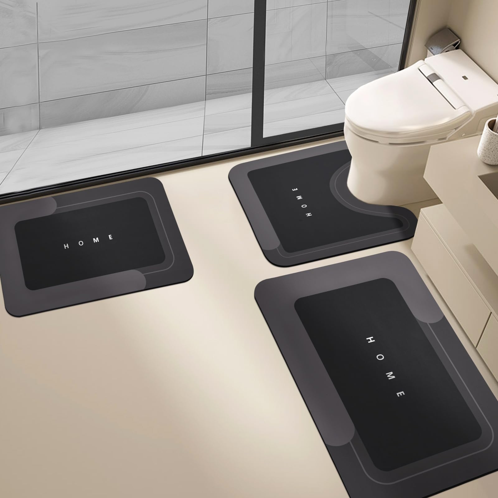 Housego 3-piece absorbent bath mat set on bathroom floor keeps moisture under control