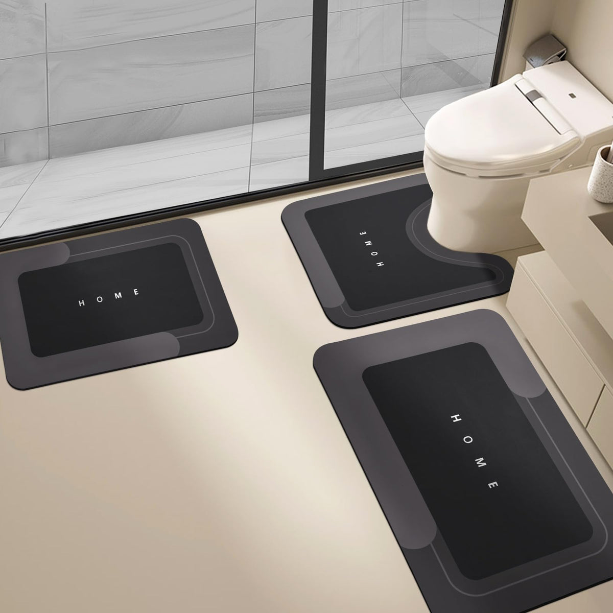 Housego 3-piece absorbent bath mat set on bathroom floor keeps moisture under control