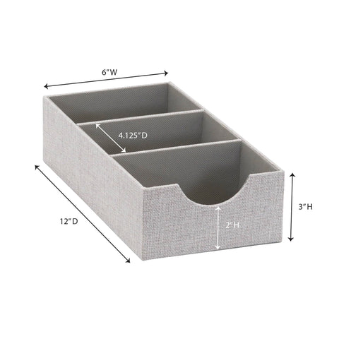 Household Essentials tray with three compartments, open view showcasing organized accessories