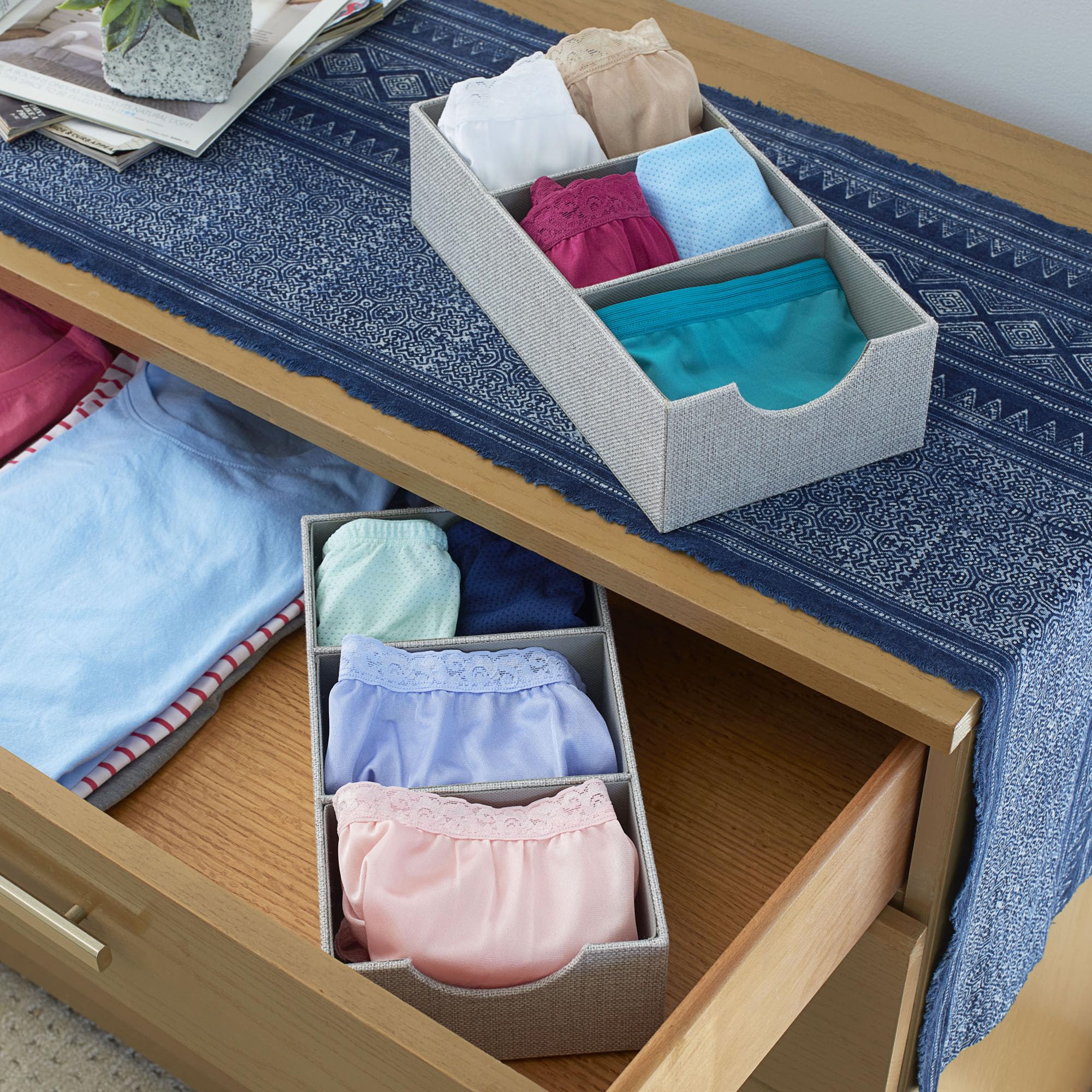 Household Essentials 3-compartment tray gray 2-pack, side view with fabric cover and soft touch