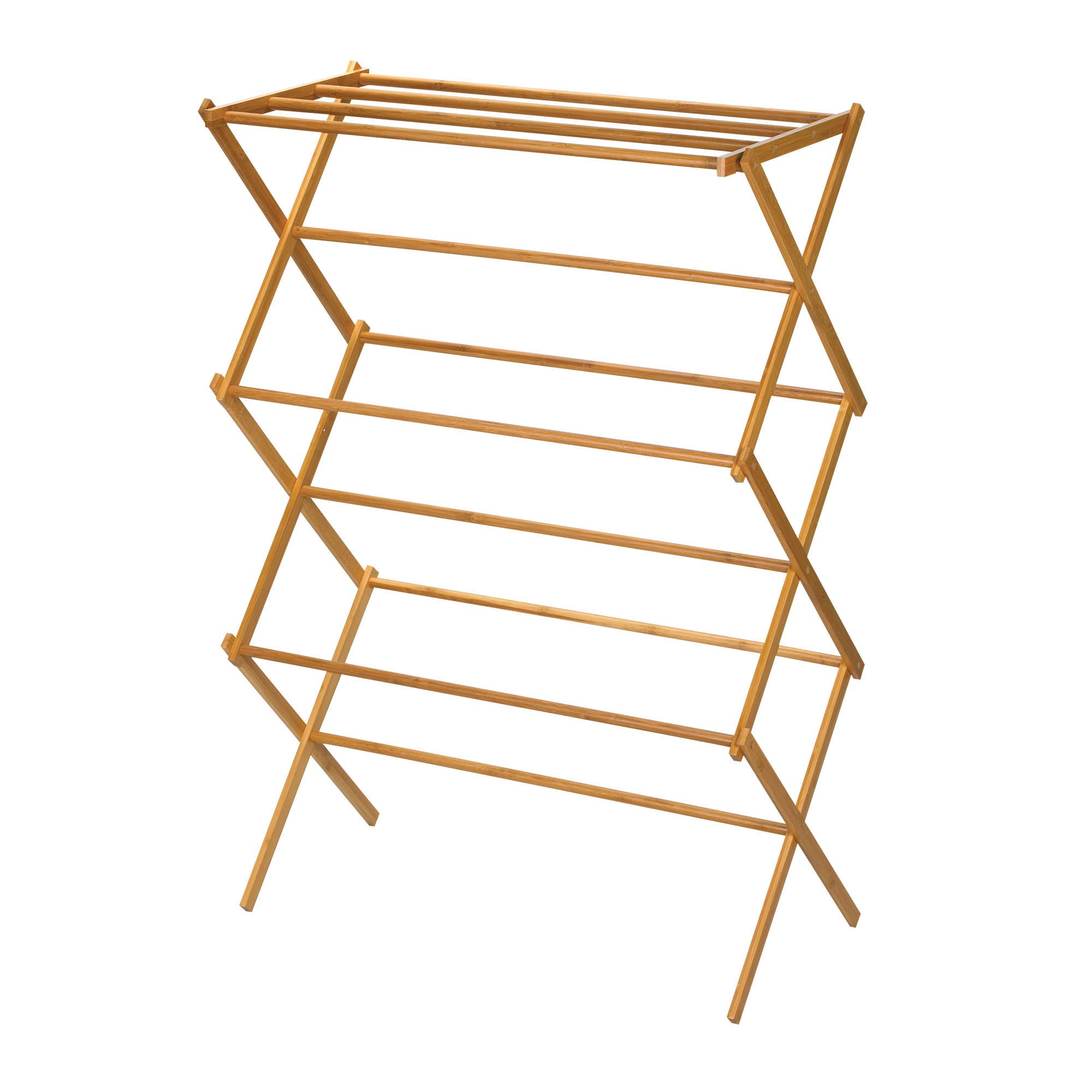 Household Essentials bamboo folding rack, fully assembled for easy setup and ready drying.